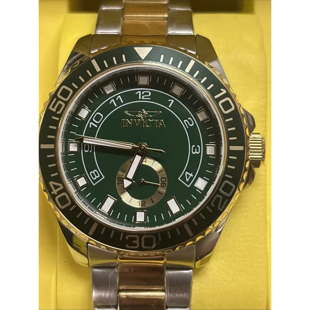 Invicta Pro Diver Command Men’s Watch 44M Gold Steel Band Green Dial New In Box